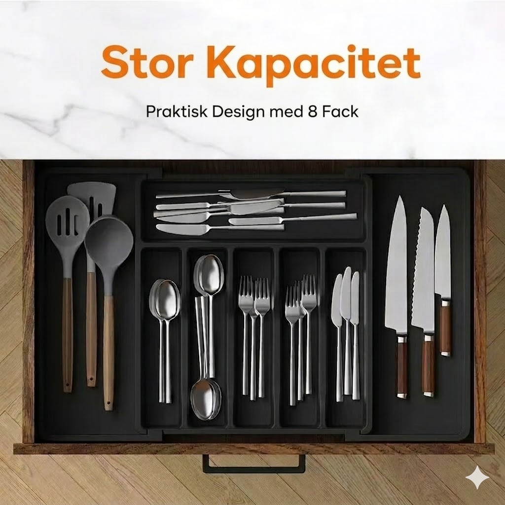 Utdragbar bestickinsats för kökslåda