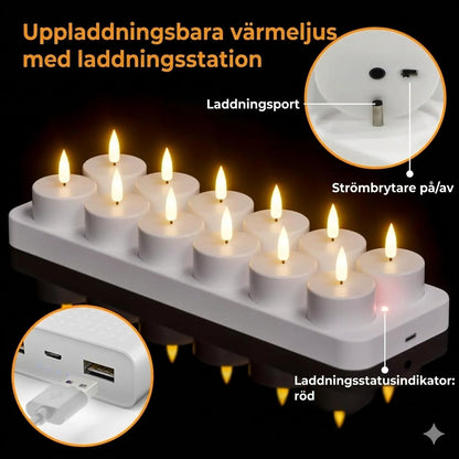 Uppladdningsbara LED-värmeljus (utan låga) — skapar en mysig atmosfär — ingen brandrisk