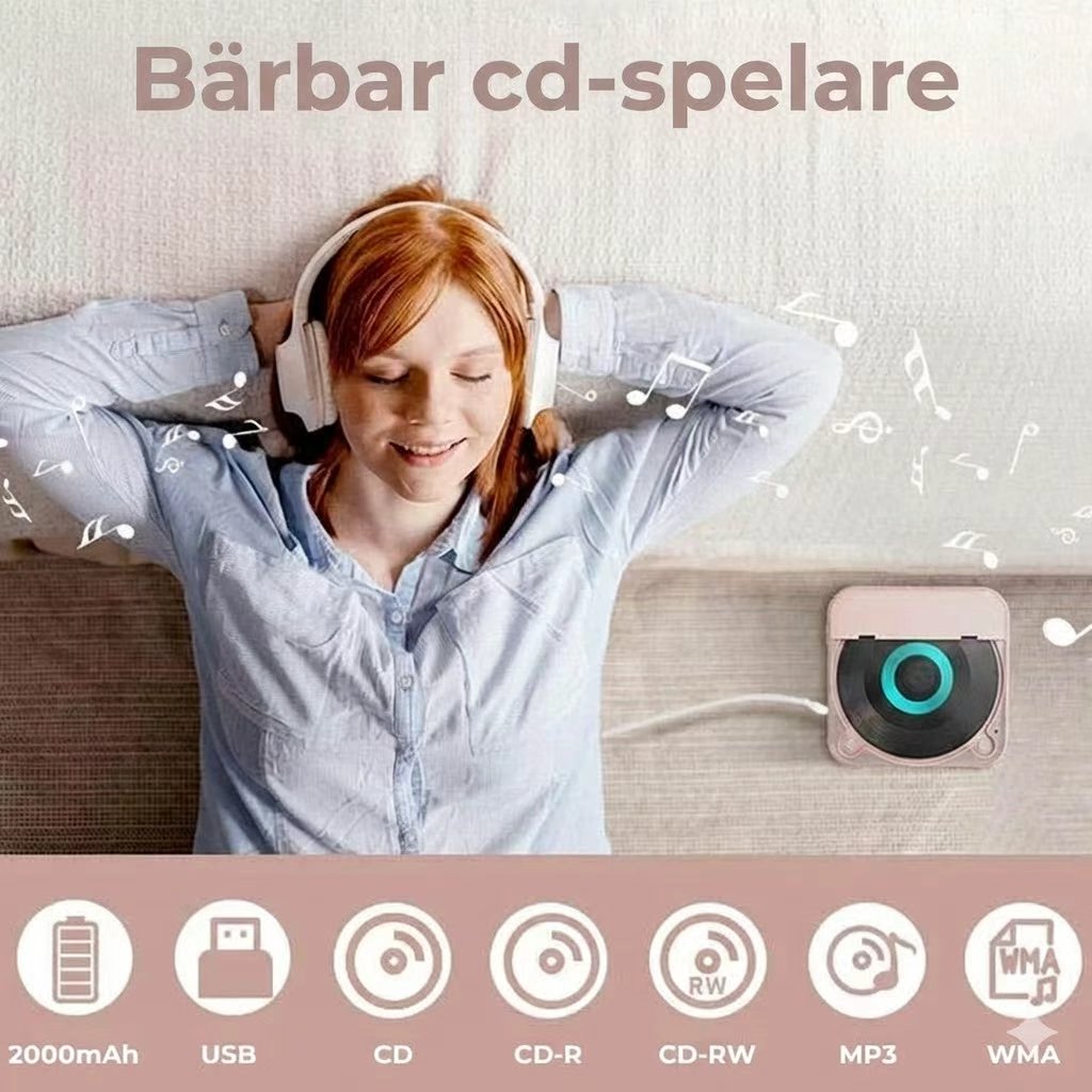 Bärbar CD-spelare med Bluetooth – uppladdningsbar Discman för bilen och på språng (Anti-Shock)