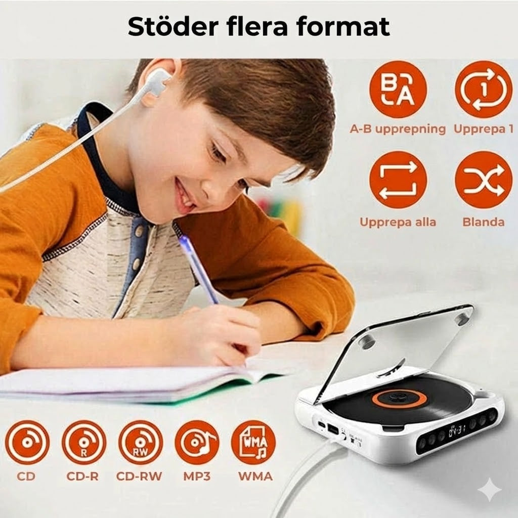 Bärbar CD-spelare med Bluetooth – uppladdningsbar Discman för bilen och på språng (Anti-Shock)