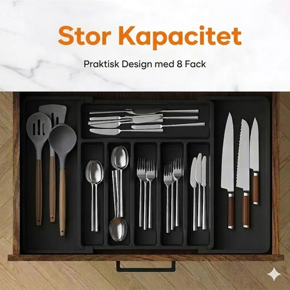 Utdragbar bestickinsats för kökslåda