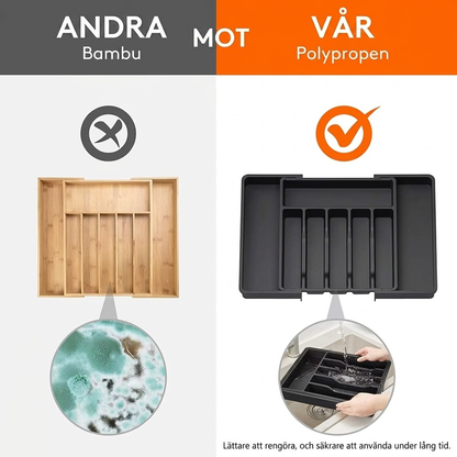 Utdragbar bestickinsats för kökslåda