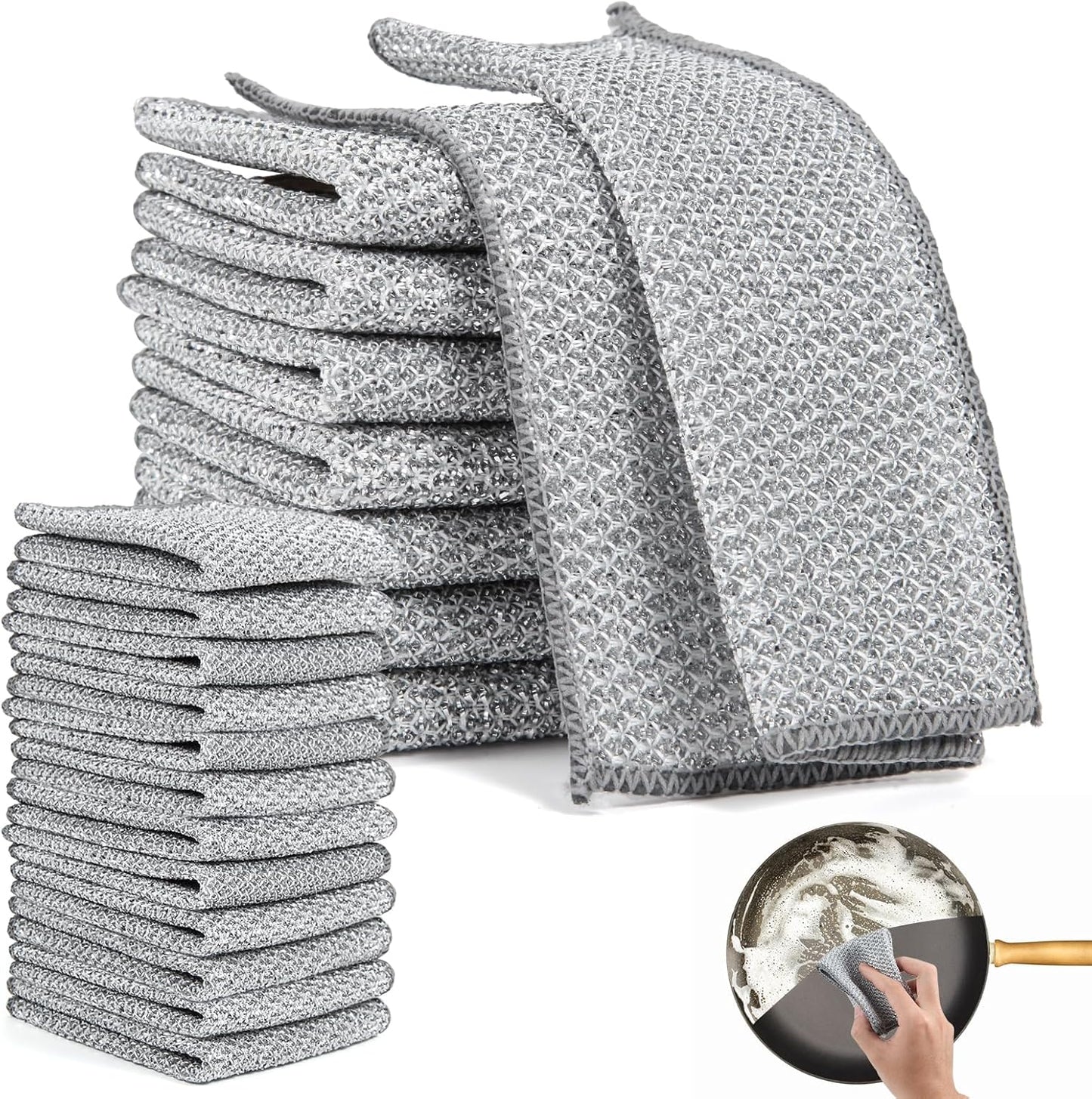Återanvändbara silverfärgade rengöringsdukar i nät (10-pack) – kraftfull rengöring utan repor – för kastruller, glas och bänkskivor – snabbtorkande och hållbara