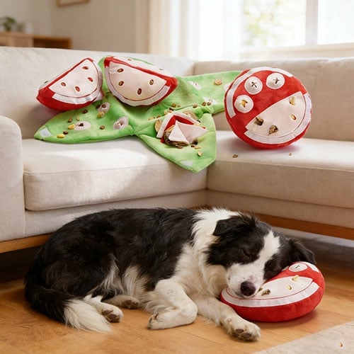 Interaktiv sniff leksak för hund – pedagogisk frukt plysch med dolda fack