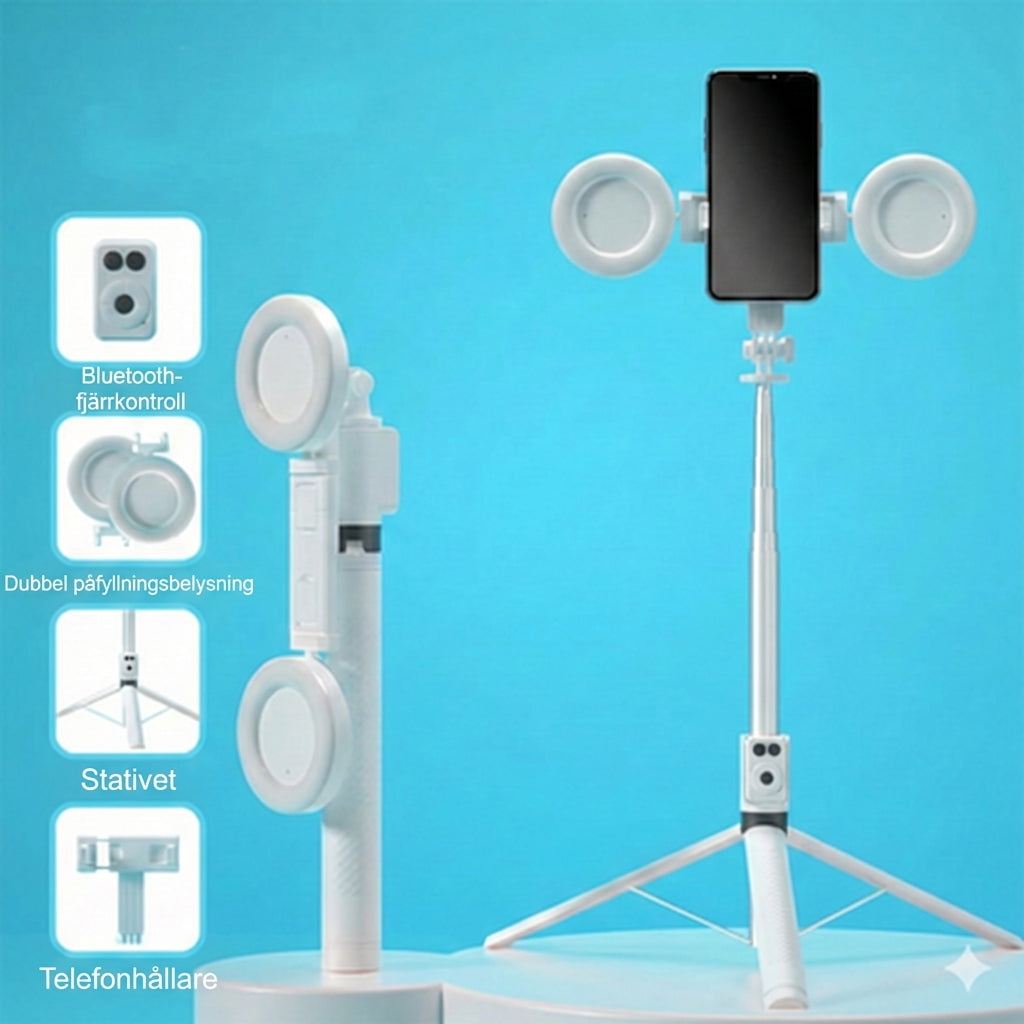 6-i-1 selfiestick med stativ och fill-light – Bluetooth-stativ med fjärrkontroll (för iPhone och Android)
