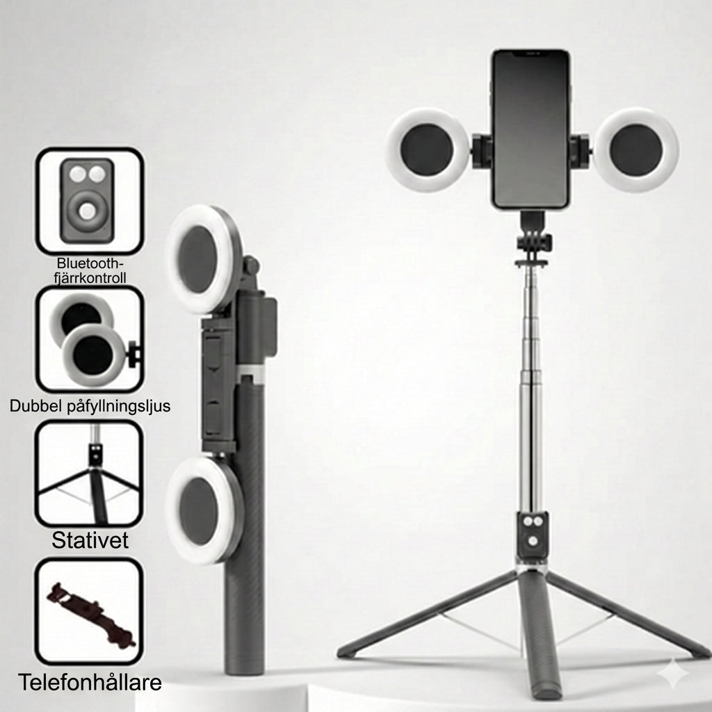 6-i-1 selfiestick med stativ och fill-light – Bluetooth-stativ med fjärrkontroll (för iPhone och Android)