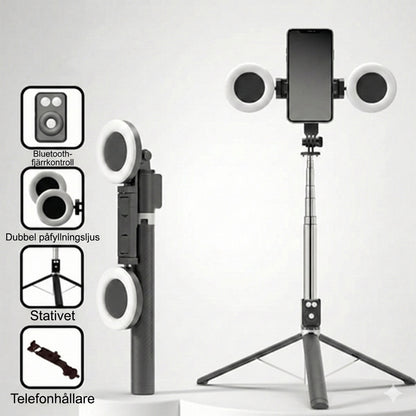 6-i-1 selfiestick med stativ och fill-light – Bluetooth-stativ med fjärrkontroll (för iPhone och Android)