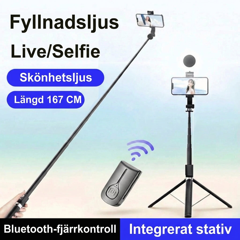 6-i-1 selfiestick med stativ och fill-light – Bluetooth-stativ med fjärrkontroll (för iPhone och Android)