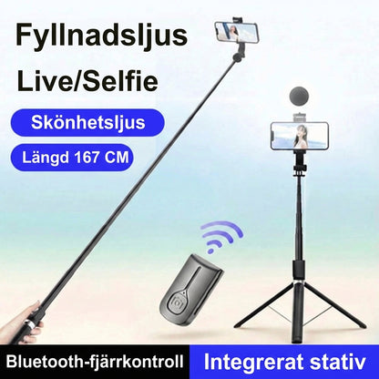 6-i-1 selfiestick med stativ och fill-light – Bluetooth-stativ med fjärrkontroll (för iPhone och Android)