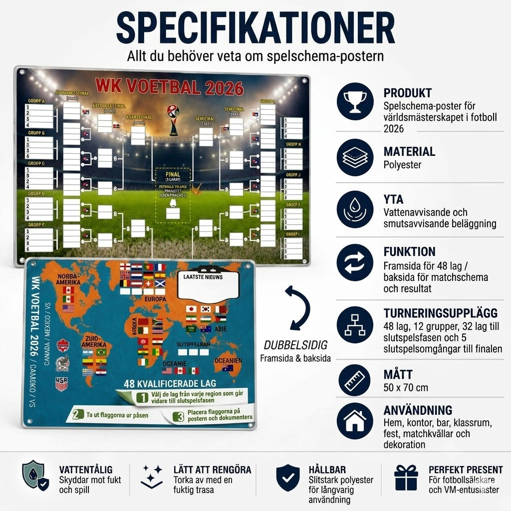 Matchprogramsplakat för VM 2026 — fyll i tabellen, lägg dina spel, följ hela turneringen.
