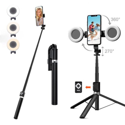 6-i-1 selfiestick med stativ och fill-light – Bluetooth-stativ med fjärrkontroll (för iPhone och Android)