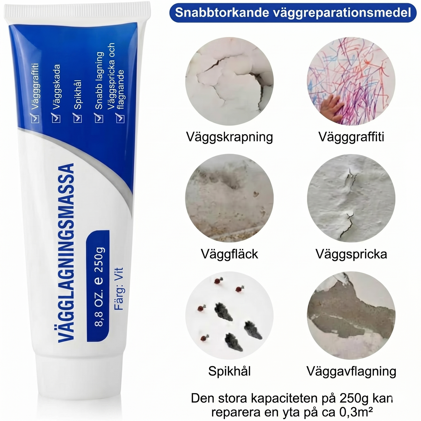 Vitt väggspackel – 250 g – För reparation av hål och sprickor