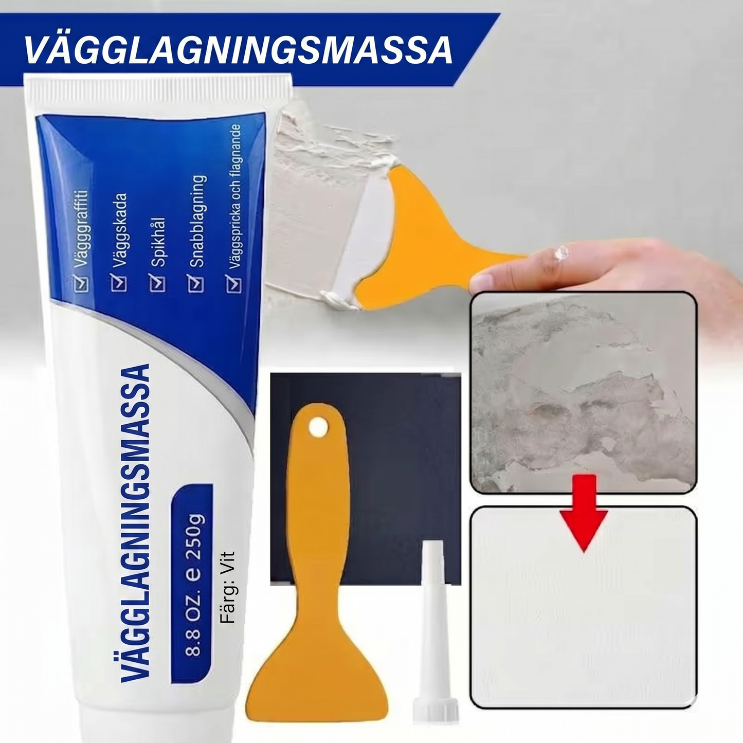 Vitt väggspackel – 250 g – För reparation av hål och sprickor
