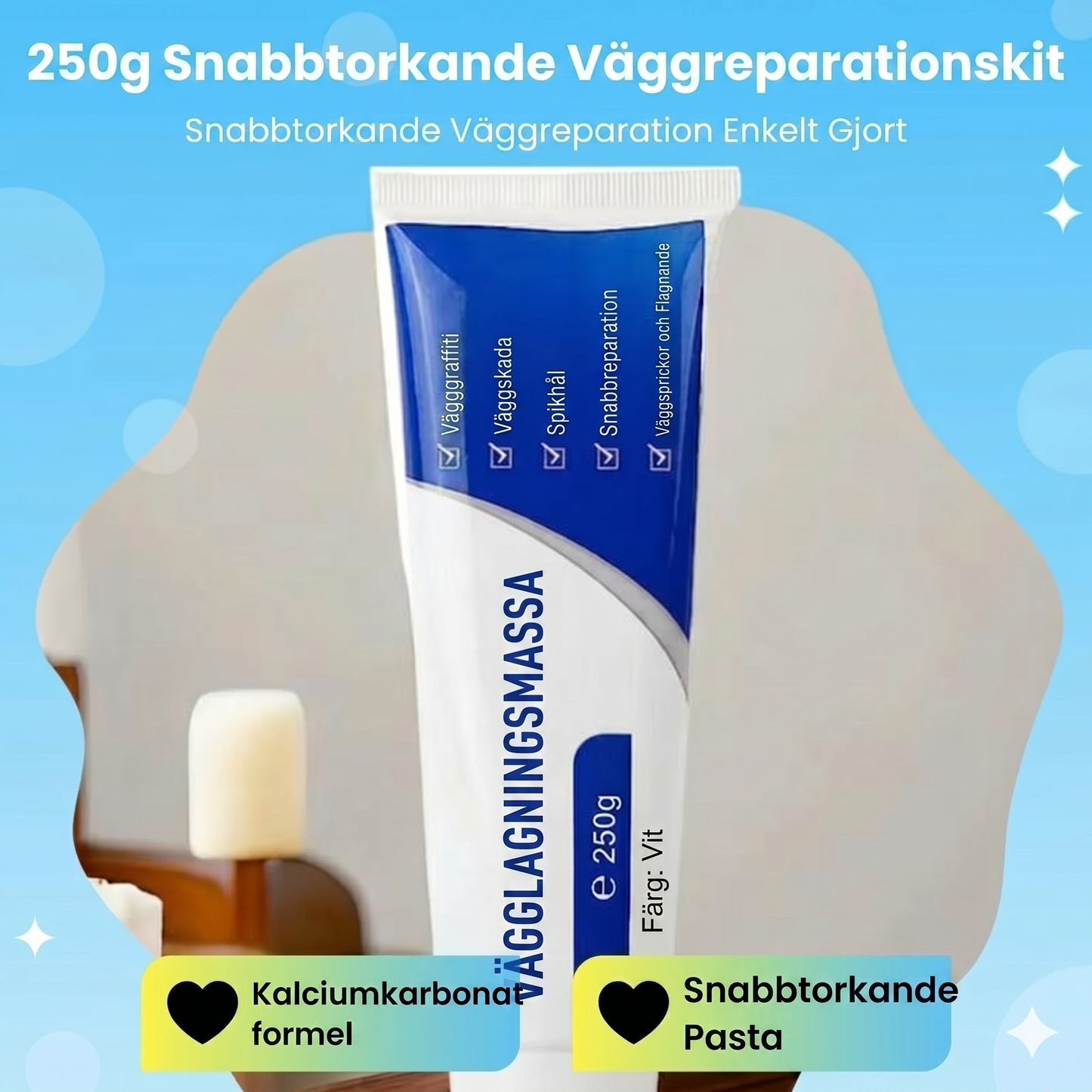 Vitt väggspackel – 250 g – För reparation av hål och sprickor
