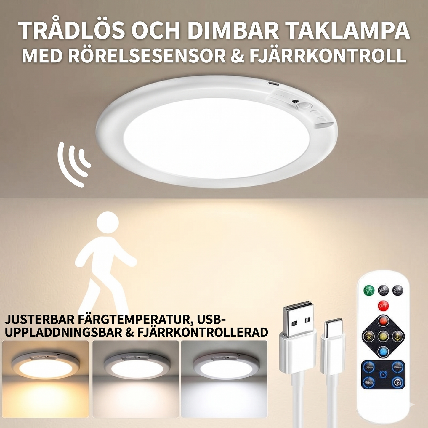 Uppladdningsbar taklampa med rörelsesensor – Trådlös inkl. fjärrkontroll