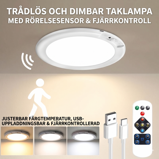 Uppladdningsbar taklampa med rörelsesensor – Trådlös inkl. fjärrkontroll