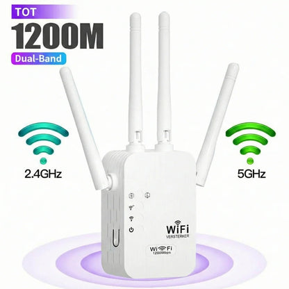 WiFi-signalförstärkare 1200Mbps – dubbelband repeater (5GHz och 2.4 GHz) – med Ethernet-port och WPS