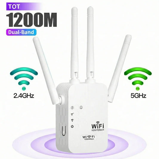 WiFi-signalförstärkare 1200Mbps – dubbelband repeater (5GHz och 2.4 GHz) – med Ethernet-port och WPS