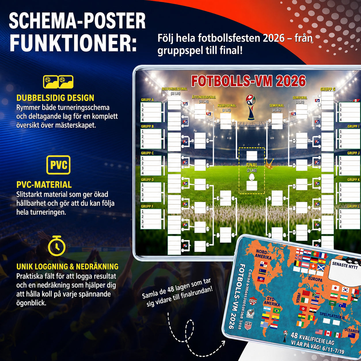 Matchprogramsplakat för VM 2026 — fyll i tabellen, lägg dina spel, följ hela turneringen.