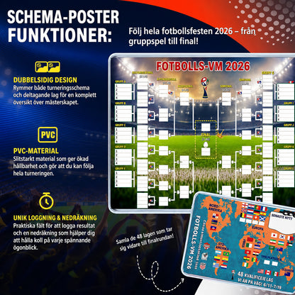 Matchprogramsplakat för VM 2026 — fyll i tabellen, lägg dina spel, följ hela turneringen.