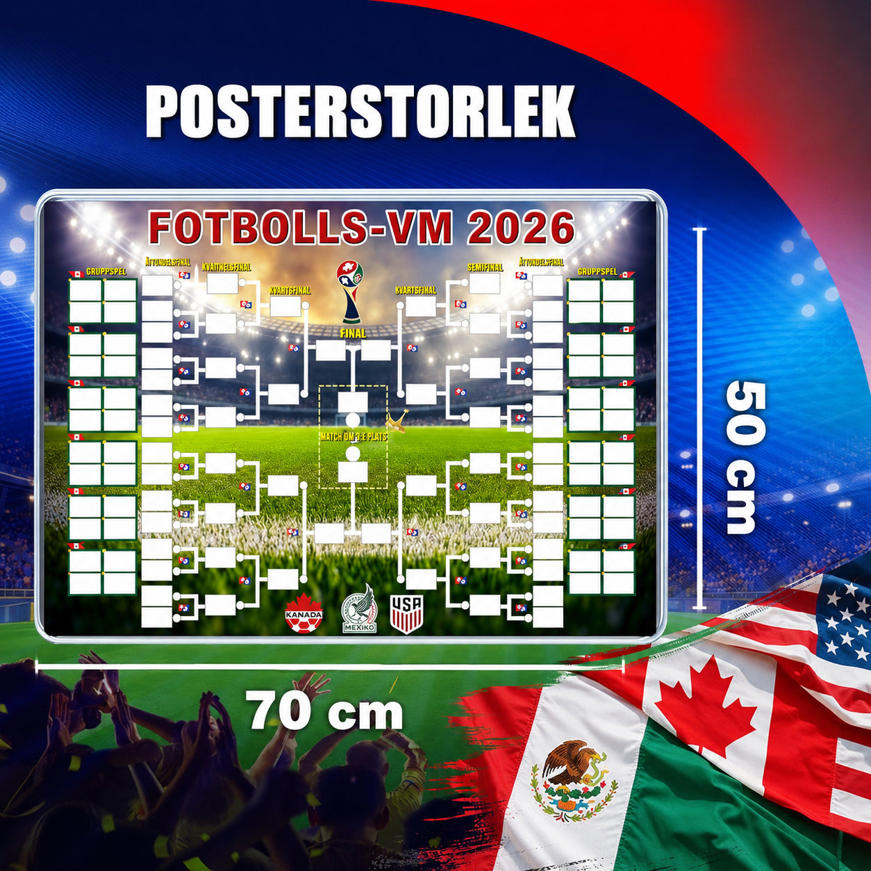 Matchprogramsplakat för VM 2026 — fyll i tabellen, lägg dina spel, följ hela turneringen.