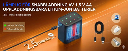 Batteriladdare med 8 uppladdningsbara AA-batterier – snabbladdare 2,5 timmar (för AA- och AAA-batterier)