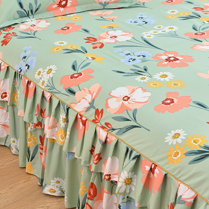 Lyxig sängkjol – 3-delat set med 2 örngott och dubbla volanger (madrassöverdrag)