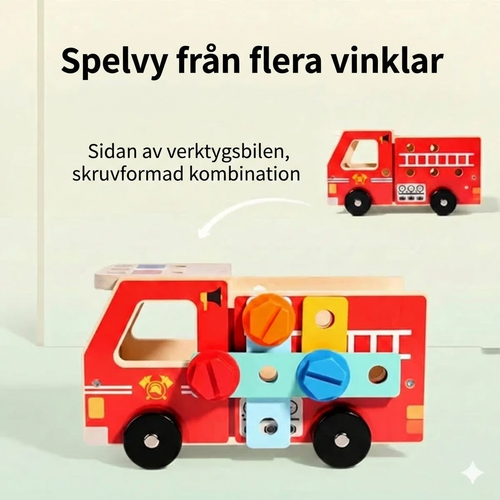Träbyggsats brandbil – monteringsleksak med verktyg (lärorik och miljövänlig)