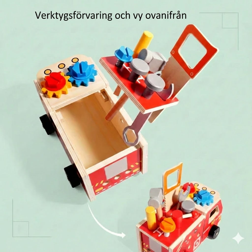 Träbyggsats brandbil – monteringsleksak med verktyg (lärorik och miljövänlig)