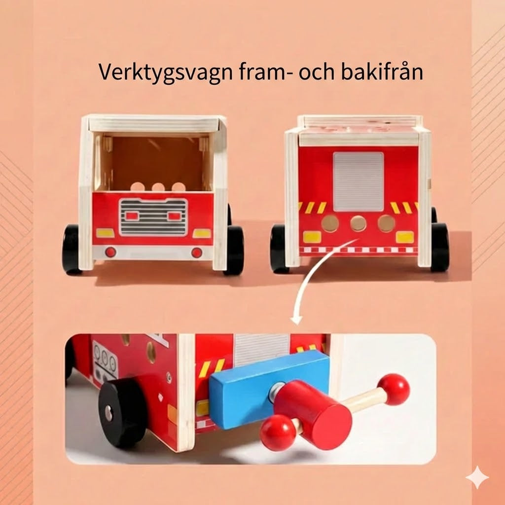 Träbyggsats brandbil – monteringsleksak med verktyg (lärorik och miljövänlig)