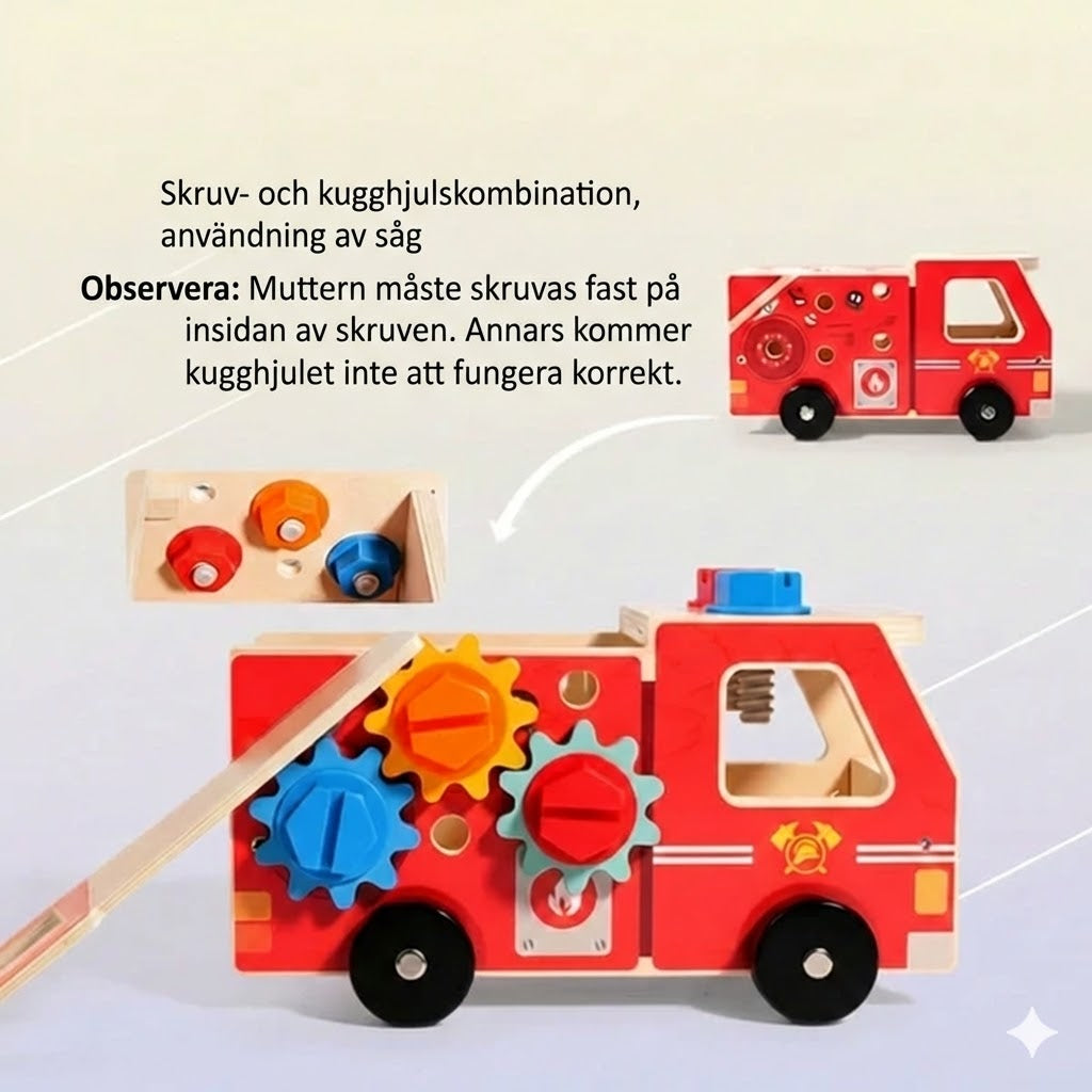 Träbyggsats brandbil – monteringsleksak med verktyg (lärorik och miljövänlig)