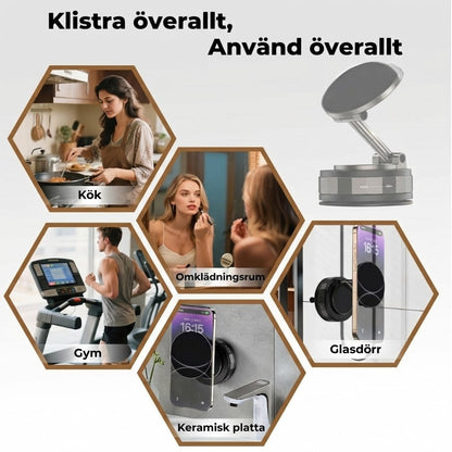 Magnetisk mobilhållare för bilen – vakuumsug + magnetfäste – 360° rotation – stabil montering på instrumentbräda och vindruta