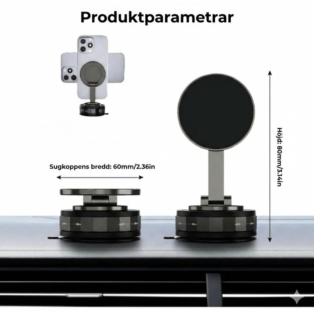 Magnetisk mobilhållare för bilen – vakuumsug + magnetfäste – 360° rotation – stabil montering på instrumentbräda och vindruta