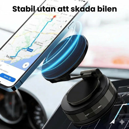 Magnetisk mobilhållare för bilen – vakuumsug + magnetfäste – 360° rotation – stabil montering på instrumentbräda och vindruta