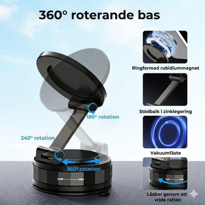 Magnetisk mobilhållare för bilen – vakuumsug + magnetfäste – 360° rotation – stabil montering på instrumentbräda och vindruta