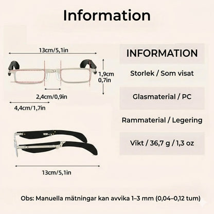 Hopfällbara läs-/datorglasögon – blåljusfilter – hopfällbara (med etui)