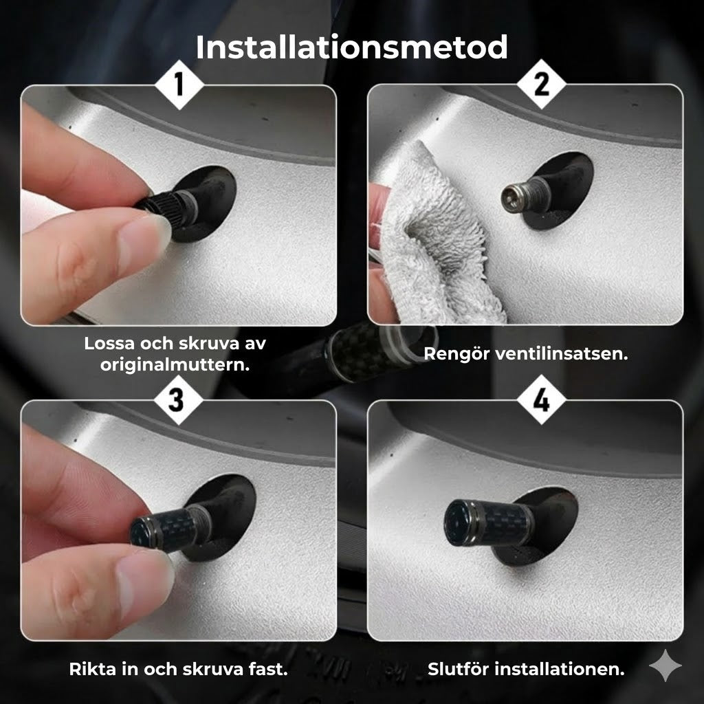 Lyxigt ventilkåpsset i kolfiberstil – Kolfiberlook – Universellt för bil, motorcykel och cykel – Sportigt skydd för hjulen – [4-pack]