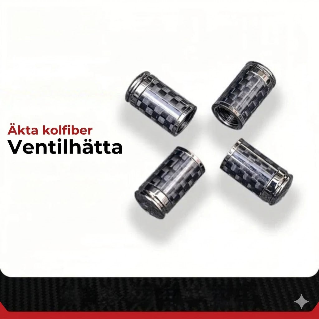 Lyxigt ventilkåpsset i kolfiberstil – Kolfiberlook – Universellt för bil, motorcykel och cykel – Sportigt skydd för hjulen – [4-pack]