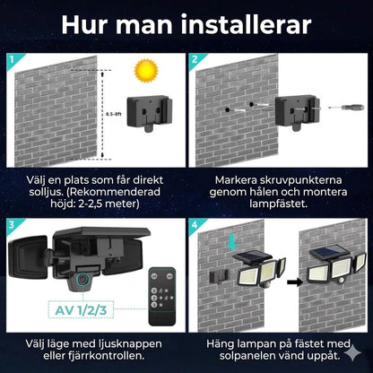 [200 LED-lampor] Solvägglampa med rörelsesensor – Solcellsbelysning för utomhusbruk – IP65 vattentät – 100% energibesparande