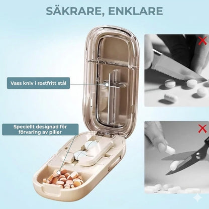 2-i-1 tablettdelare och tablettskärare – justerbar för olika storlekar – exakt skärning – transparent