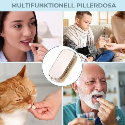 2-i-1 tablettdelare och tablettskärare – justerbar för olika storlekar – exakt skärning – transparent