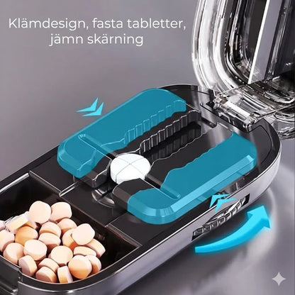 2-i-1 tablettdelare och tablettskärare – justerbar för olika storlekar – exakt skärning – transparent