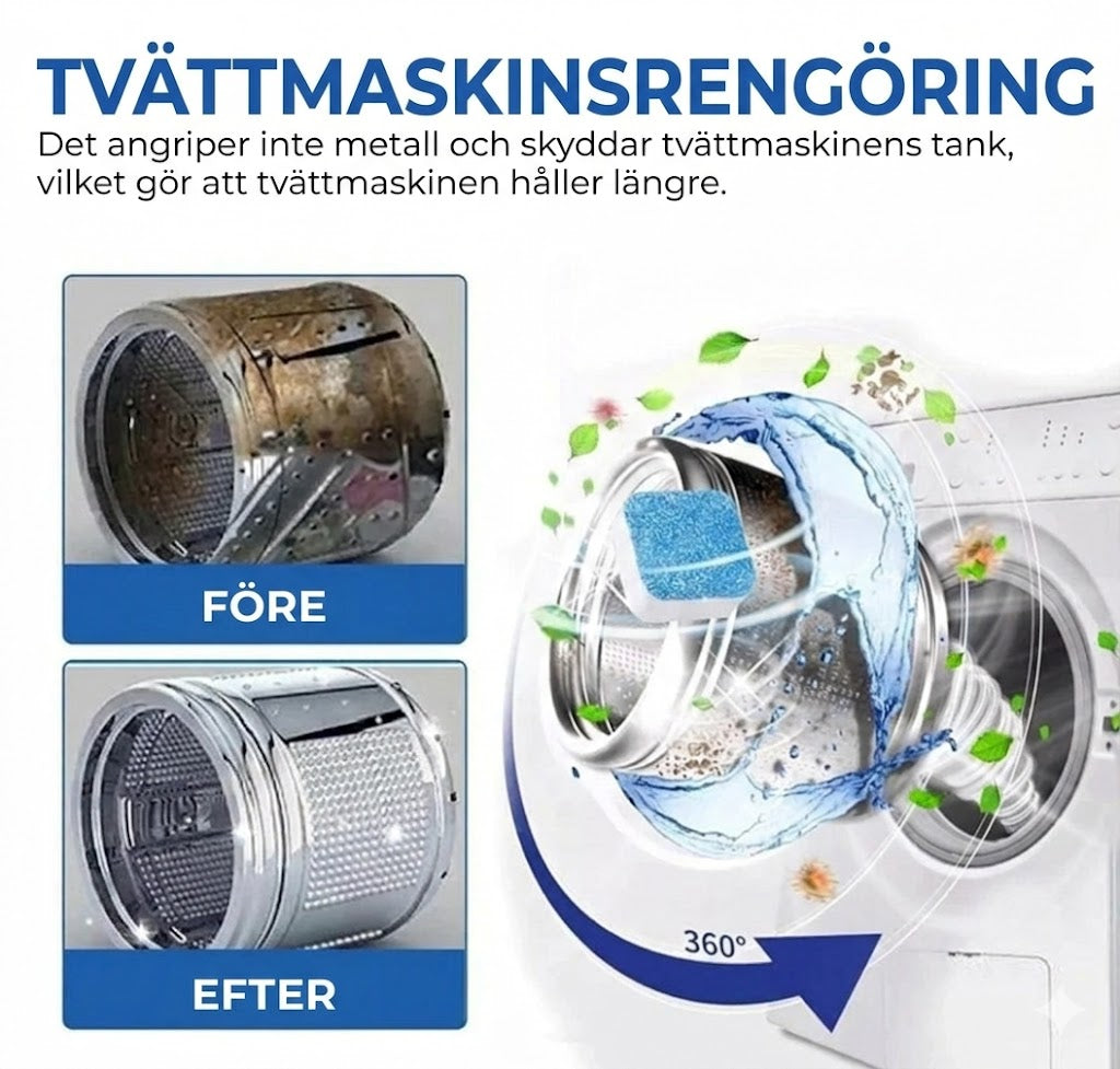 Rengöringstabletter för tvättmaskin – Avlägsnar kalk och dålig lukt – Djupgående rengöring – [12-pack] – Universell passform